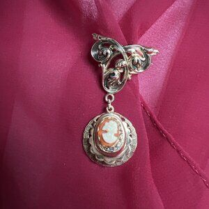 Dangling Cameo Brooch Crown Pin Statement Gold Plated Art Deco Style Vintage